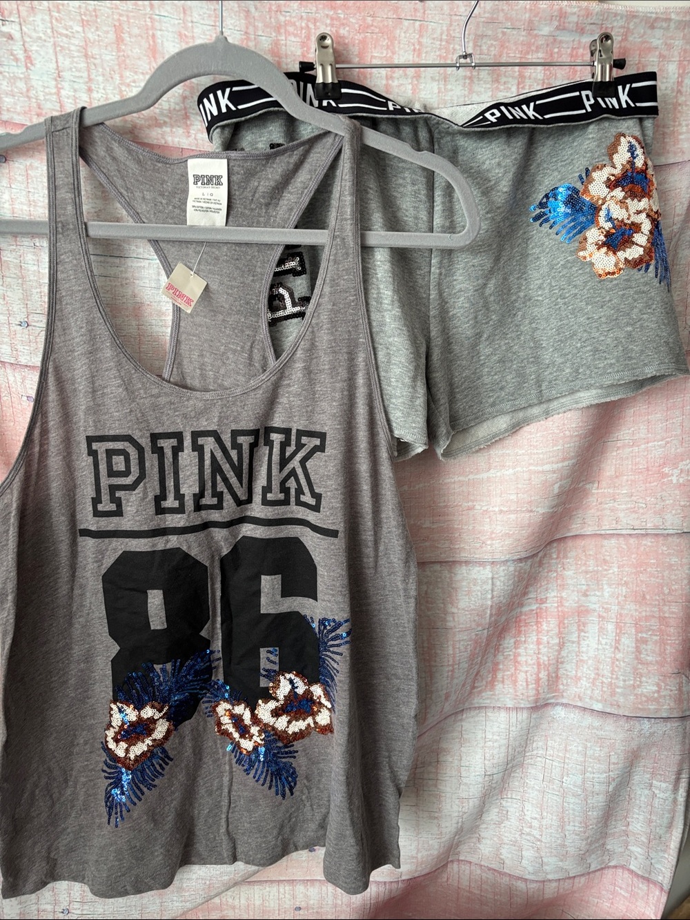 PINK Victoria's Secret Gray Floral Sequin Tank & Shorts Set NWT size large
